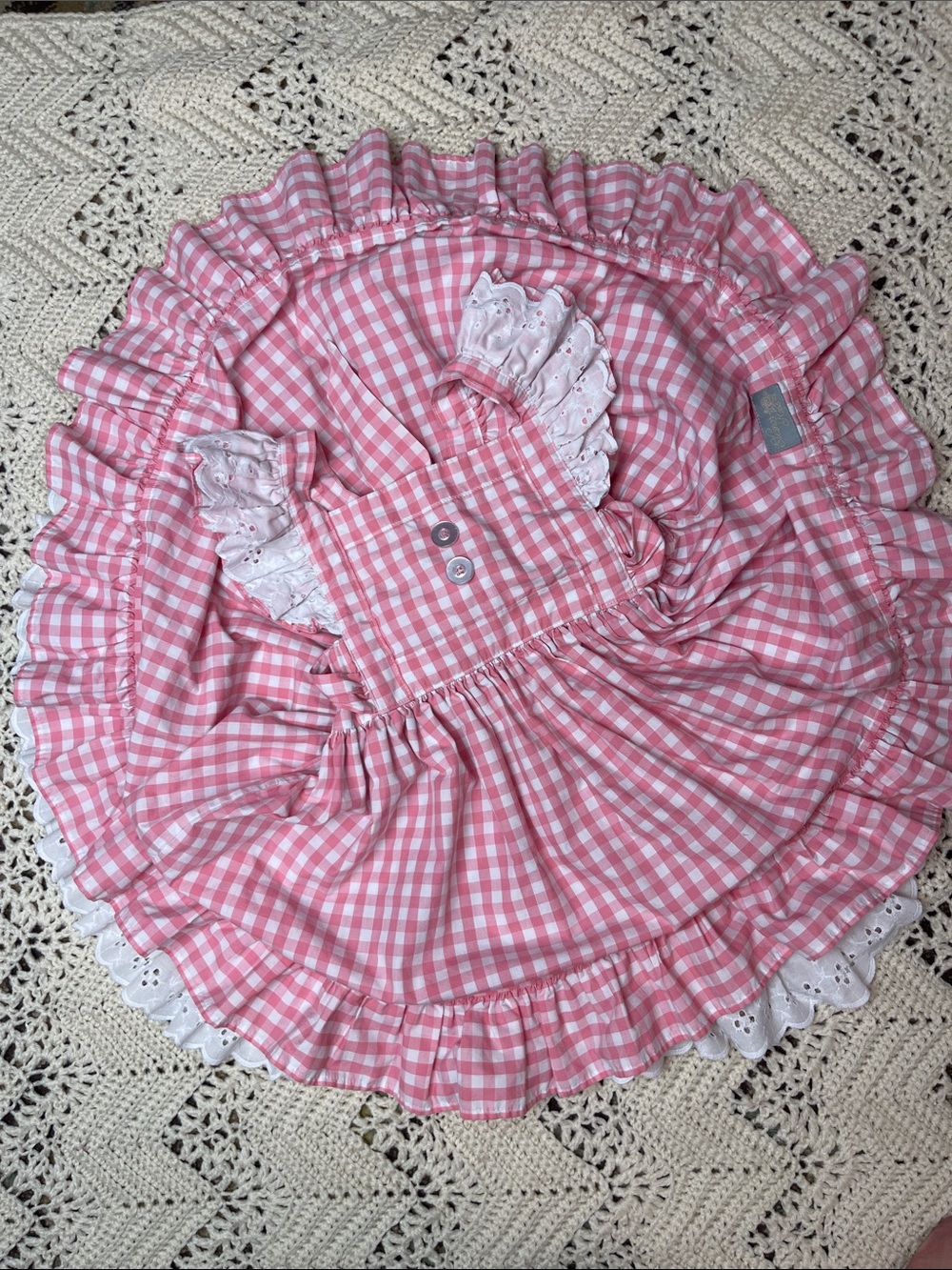 Eleanor Rose Dress 5-6 pink white gingham pinafore dress with eyelet lace